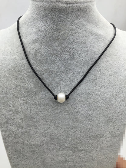 Pearl Choker Leather Necklace, bracelet,White Freshwater pearl, Black Leather Pearl necklace,LIGHT BROWN,Le3-036