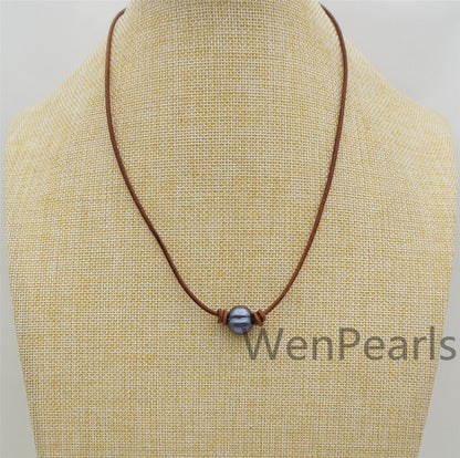 Big Blue Pearl Leather Necklace Choker, Black Freshwater pearl, Birthday,Black Leather Pearl necklace,Select leather color,Le4-051