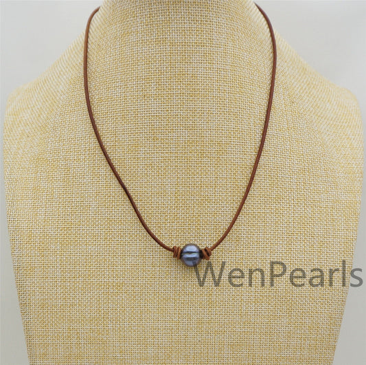 Big Blue Pearl Leather Necklace Choker, Black Freshwater pearl, Birthday,Black Leather Pearl necklace,Select leather color,Le4-051