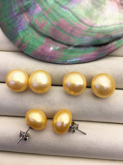 AA+ 13.5-14mm Very Big Yellow Buttom Round Pearl stud earrings,SE1-069-16