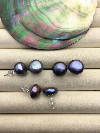 AA+ 13-14mm big black blue button round Pearl Stud Earrings,freshwater pearl earrings,Wedding,classic pearl studs,SE1-069-34