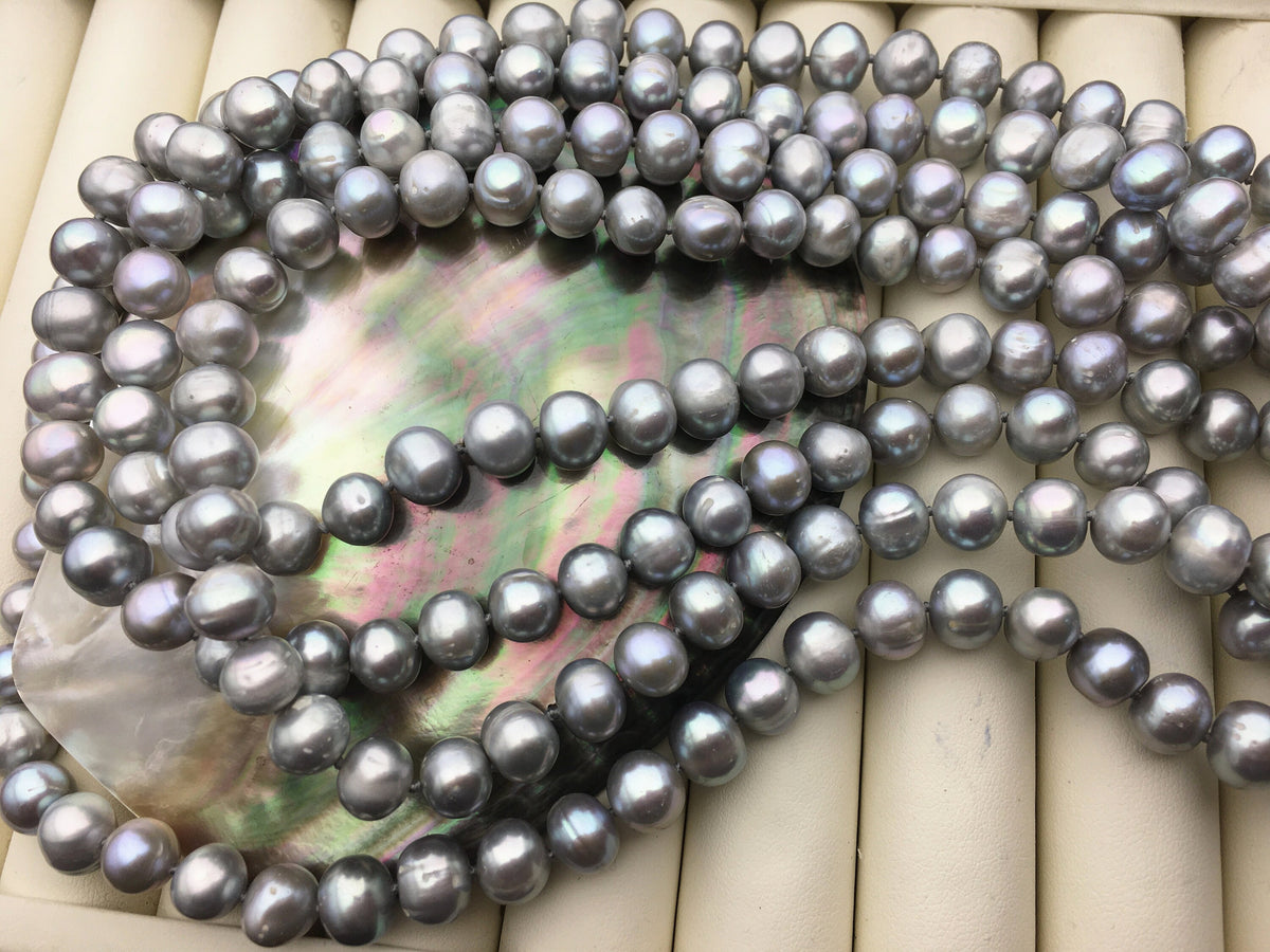67'' 9mm Gray Potato Near Round Freshwater Pearl Necklace,dark gray Pearl necklace,gray round pearl,NPN1-076