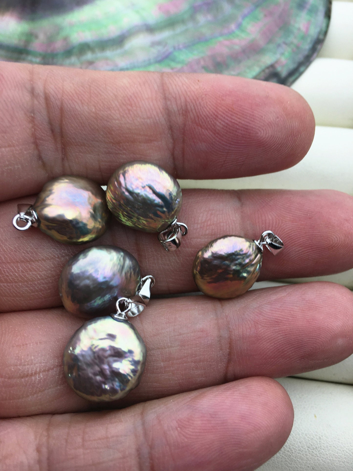 1pc 12-14mm rainbow coin freshwater pearl pendant necklace,S925 Sterling silver pendant,NC1-T40