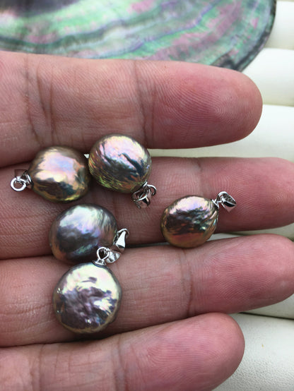 1pc 12-14mm rainbow coin freshwater pearl pendant necklace,S925 Sterling silver pendant,NC1-T40