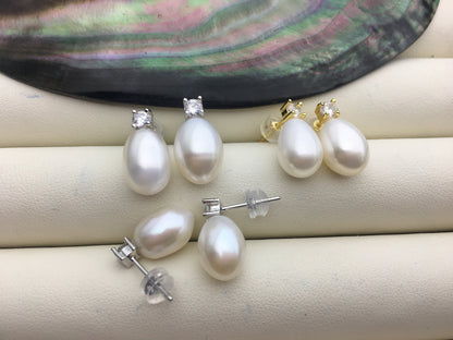 AAA 9mm White rice pearl cz stud earrings,zircon S925 Sterling Sliver pearl earrings,pearl for women for girl,SE3-058