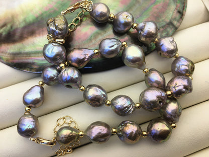 7+2'' AA 8-11mm gray rainbow edison baroque drop Freshwater pearl gold color chain Bracelet,B8-055-2