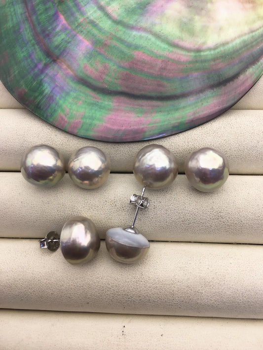 1 pair AAA 12-13mm Gray Mabe Half Ball Freshwater Pearl stud earrings,SE3-022-4