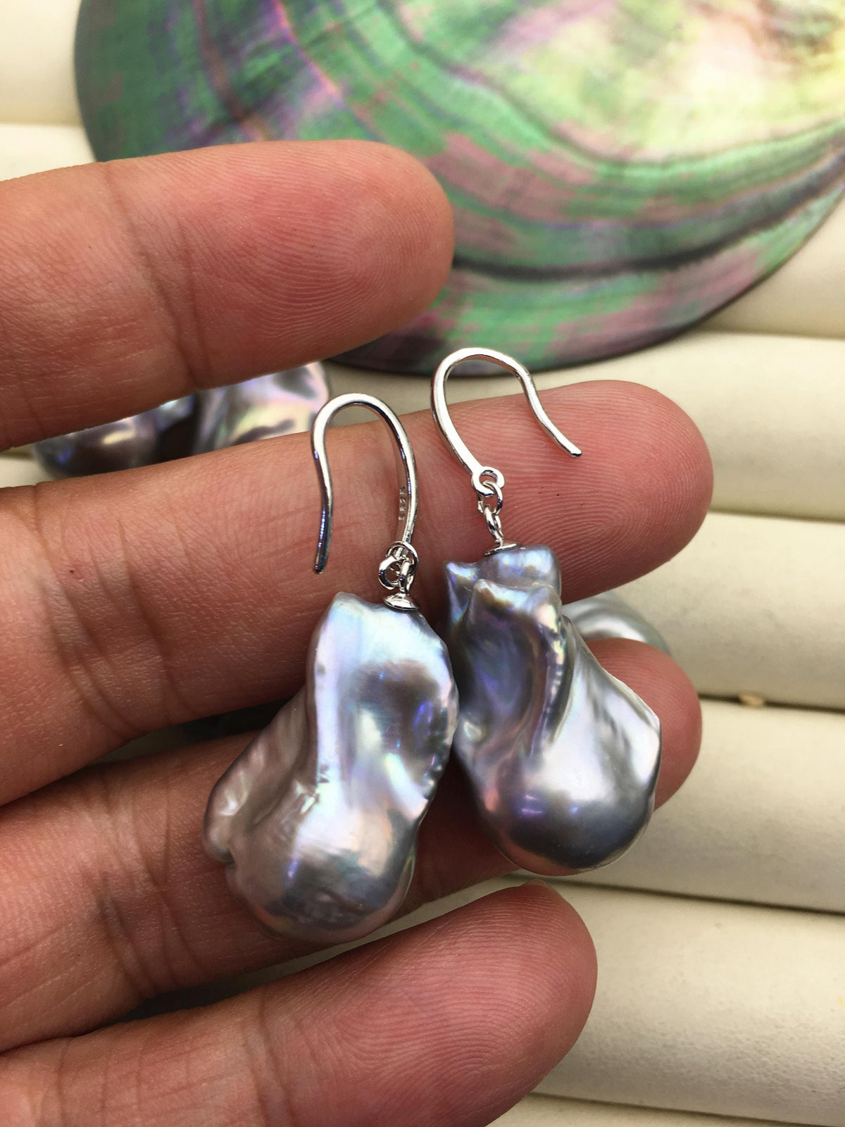 1 pair AAA 14-18mm gray flame ball pearl dangle earrings,earring with gray baroque Natural Pearl,SE3-031-27