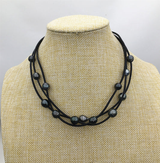 3 rows Tahitian Pearl and Leather Necklace ,Floating pearl and leather Necklace, Multi-Strand Pearls necklace ,Le11-028