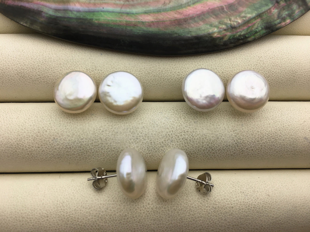 2 pairs AA+ 11-13mm White Coin Fresh Water pearl stud earrings,S925 Sterling Silver,dangle pearl earrings,SE3-187