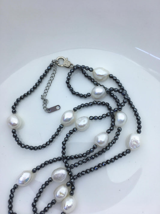 32'' AAA 10-11mm white nugget pearl black Hematite Necklace,NPN1-T25