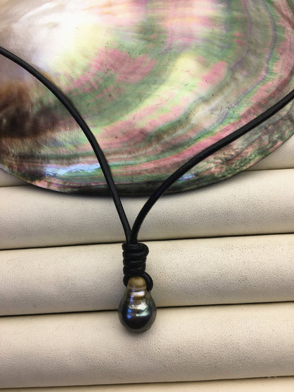 11-13mm Big Teardrop Drop Tahitian Pearl Leather Necklace,Pearl Leather Necklace,Black Pearl,Black Leather Pearl necklace,Le11-018