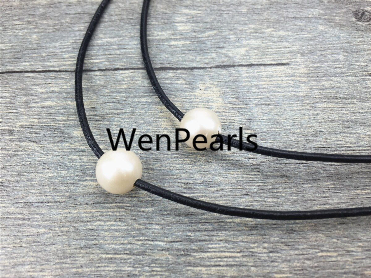 2 rows pearl necklace,Leather Necklace,9-10mm round pearl,High Luster pearl, Pearl Leather Necklace,Black Leather Pearl necklace,Le1-047