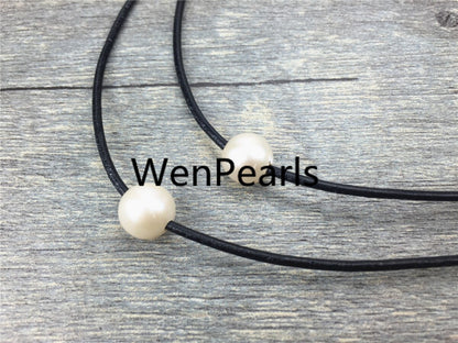 2 rows pearl necklace,Leather Necklace,9-10mm round pearl,High Luster pearl, Pearl Leather Necklace,Black Leather Pearl necklace,Le1-047