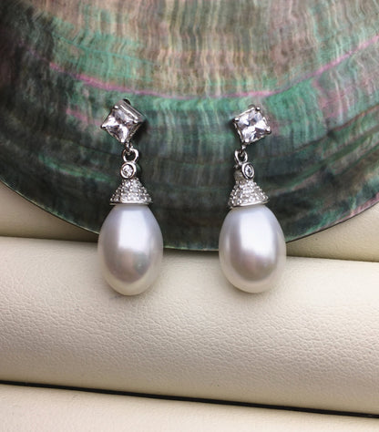 AAA 9mm White rice pearl cz stud earrings,zircon S925 Sterling Sliver pearl earrings,pearl for women for girl,SE3-046
