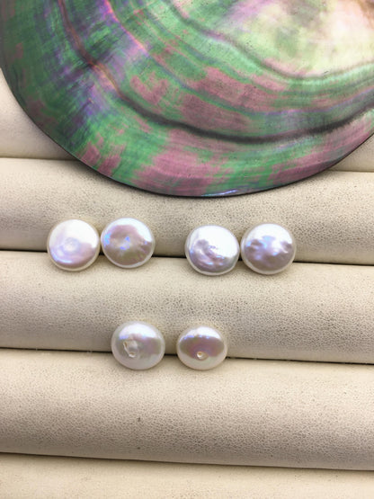 2 pairs AA+ 10-11mm White Coin Freshwater Pearls Pair,high luster- Coin Pearl-petite Pearl- 0.9mm bottom half hole,COIN10-3A-2