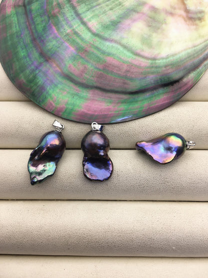 2pcs AAA 12-15mm blackblue rainbow baroque pearl pendant necklace,S925 Sterling silver pendant,NC1-041-22