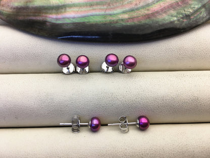 AAA 4-5mm Purple Rainbow Pearl Stud Earrings, pearl earrings,S925 Sterling Silver,Wedding,classic pearl studs,SE1-013