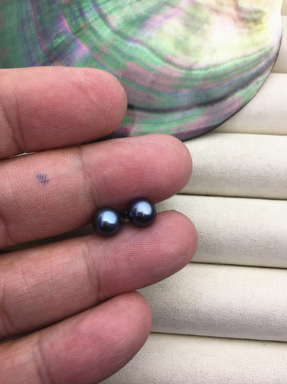 1 pair AAA 7-8mm Deep Blue Near Round Pearl Stud Earrings,Sterling Silver,Wedding,classic pearl studs,SE1-T14
