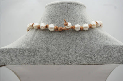 Big Potato Pearl and leather necklace,Genuine Freshwater Pearl Necklace,white pearl necklace,wholesale,Le5-008