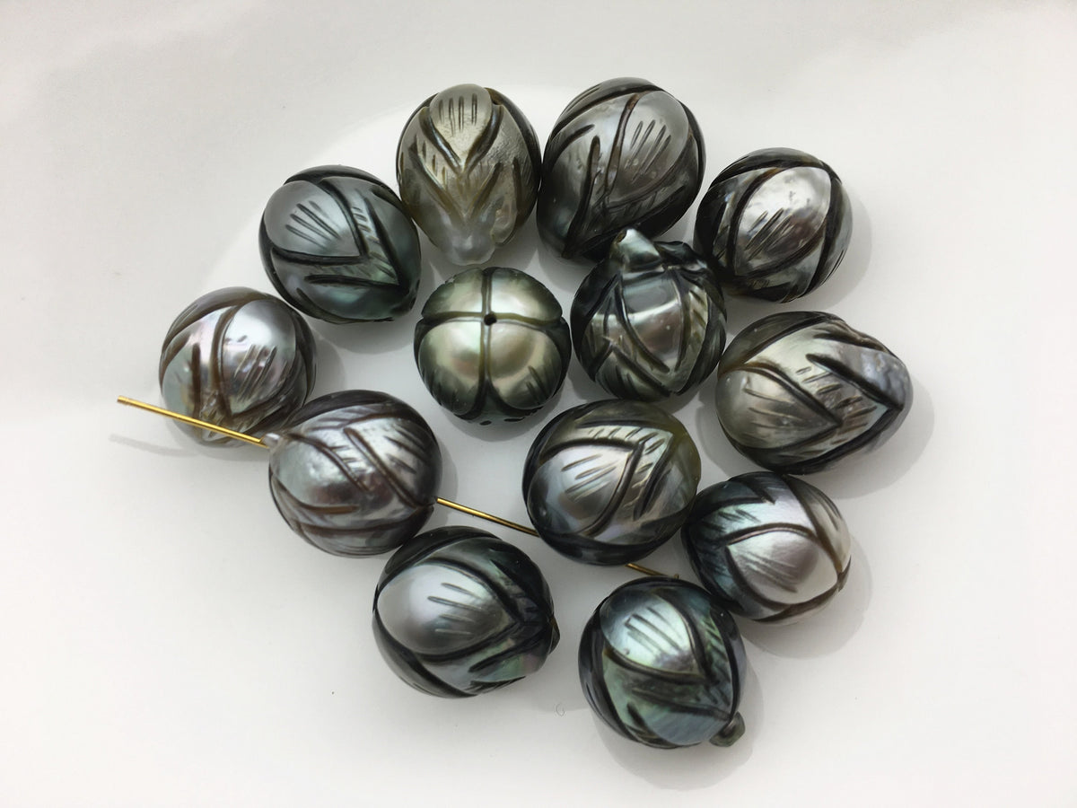1pc 12-13mm Lotus Flower Carved Tahitian Pearl - Hand Carved - Tattoo Tahitian Pearls, carved pearls, flower designs,CAC-FLW-9-14
