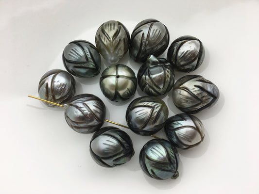 1pc 12-13mm Lotus Flower Carved Tahitian Pearl - Hand Carved - Tattoo Tahitian Pearls, carved pearls, flower designs,CAC-FLW-9-14
