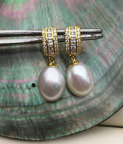AAA 9mm White rice pearl cz stud earrings,zircon S925 Sterling Sliver pearl earrings,pearl for women for girl,SE3-047