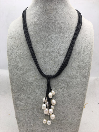 18'' Black Waxed rope White Freshwater Pearl magnet clasp necklace, Rice Freshwater pearl, Le5-044-K