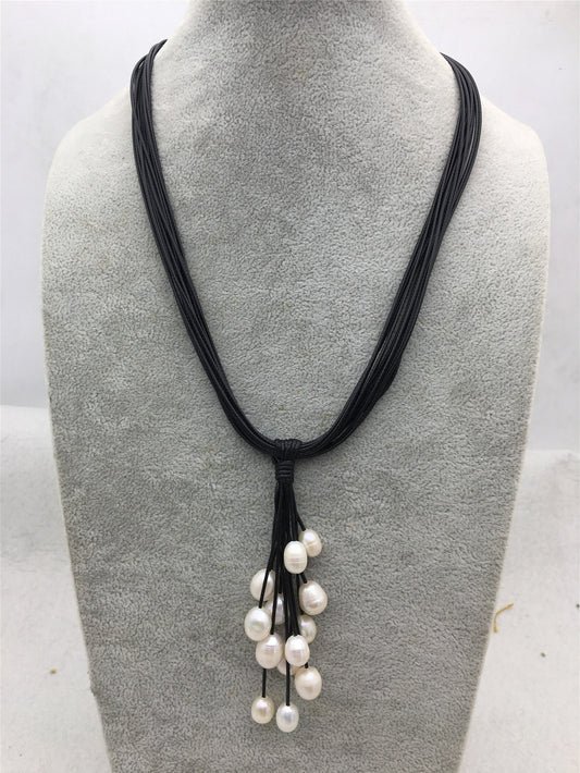 18'' Black Waxed rope White Freshwater Pearl magnet clasp necklace, Rice Freshwater pearl, Le5-044-K