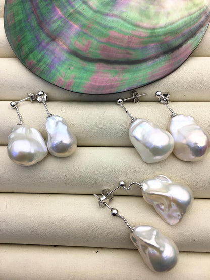 1 pair AAA 13-17mm white flame ball pearl stud earrings,sterling silver,earring with white baroque Natural Pearl,SE3-031-24