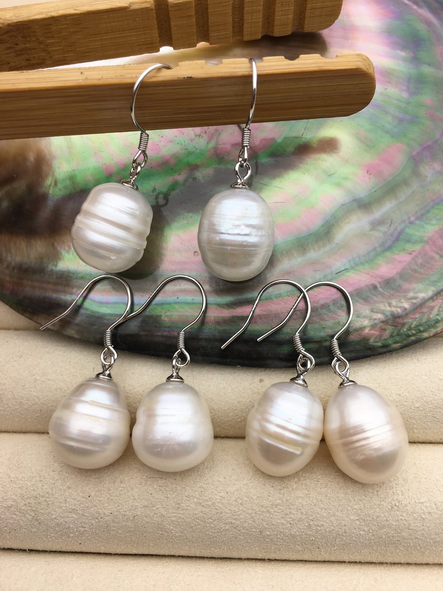 1 pair AA 12mm big white rice pearl dangle earrings,Sterling Silver,dangle pearl earrings,wedding earring,bridal,birthday,SE3-005