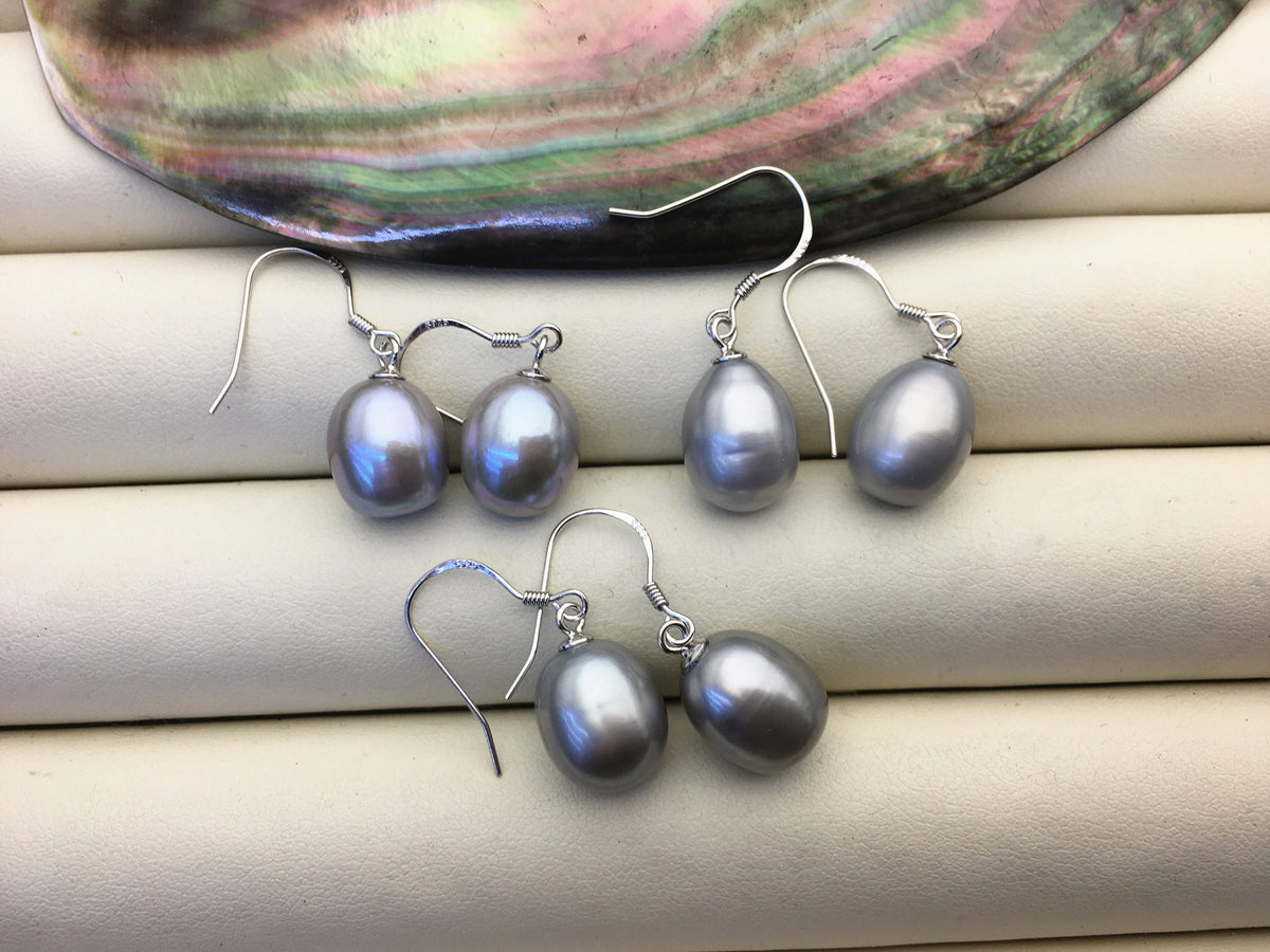1 pair AAA 9.5-10mm gray long rice pearl dangle earrings,Sterling Silver,dangle pearl earrings,wedding earring,bridal,birthday,SE3-T59