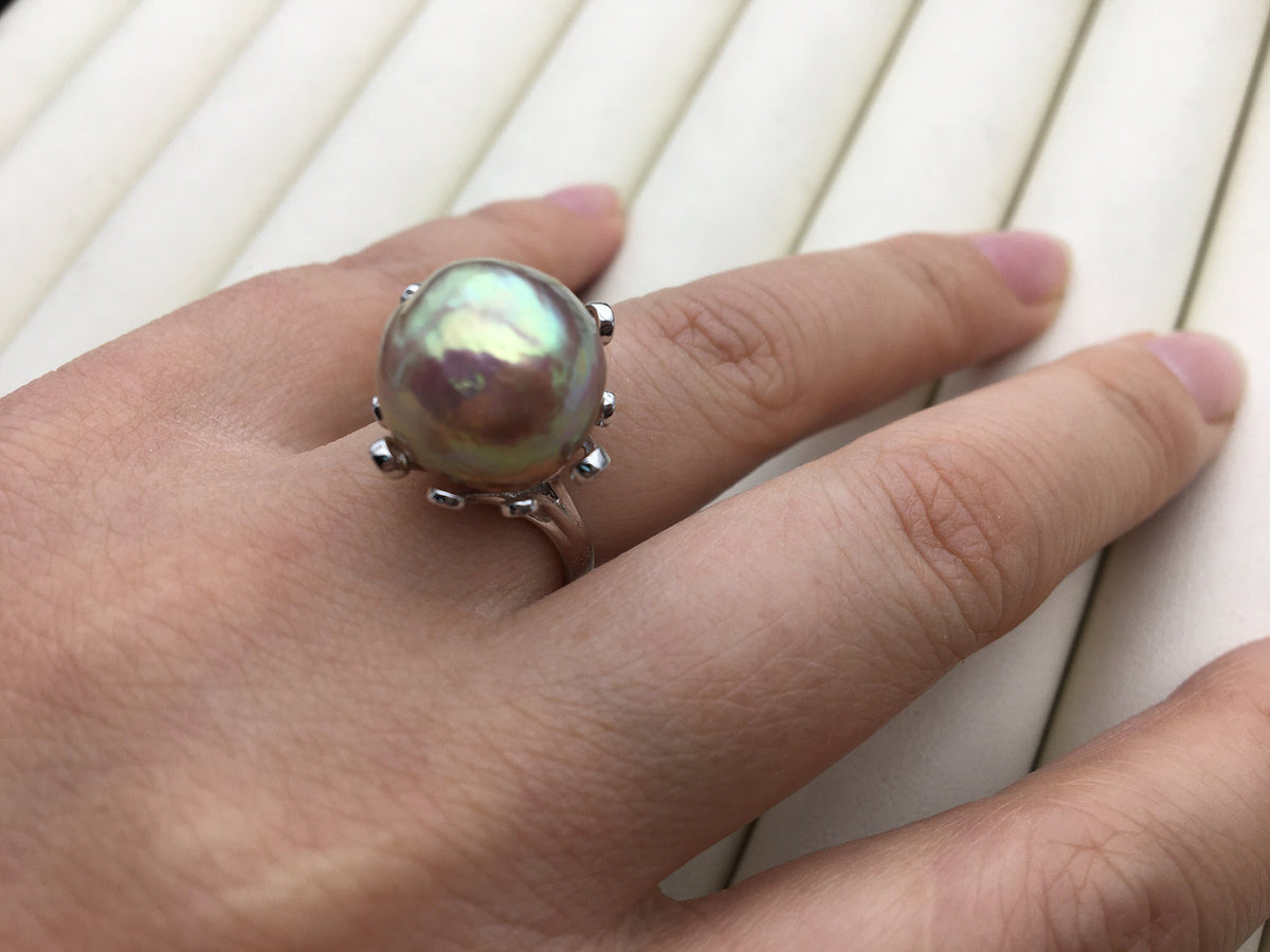 AAA Natural Rainbow Big Edison Pearl rings,Sterling Sliver Ring,affordable engagement rings,pearl wedding rings,promise rings for her,R1-T12