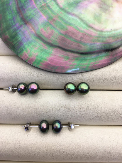 1 pair AAA 7-7.5mm peacock Pearl stud earrings,Sterling Silver,SE1-T10