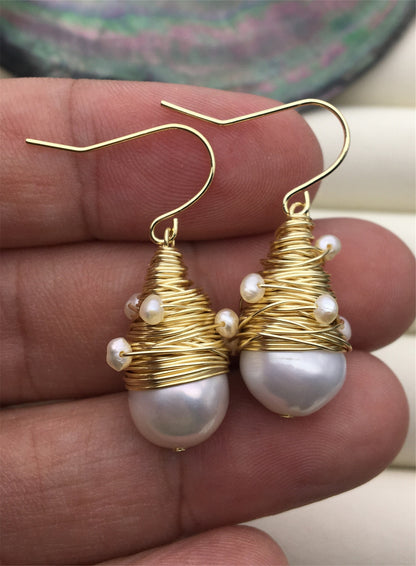 Big White Freshwater Pearl dangle earrings,earring with white Natural Pearl,SE3-120-4