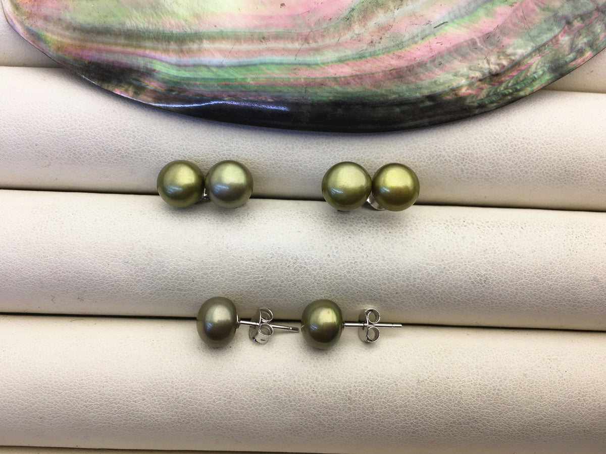 AAA 7.5-8mm Green Pearl stud earrings,Sterling Silver,SE1-028