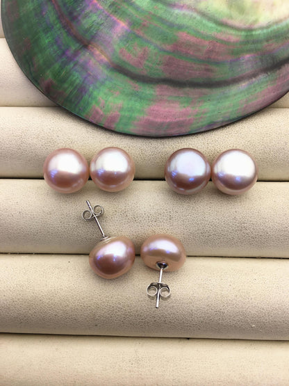 1 pair AAA 11-12mm purple button round Pearl Stud Earrings,freshwater pearl earrings,Wedding,classic pearl studs,SE1-069-23