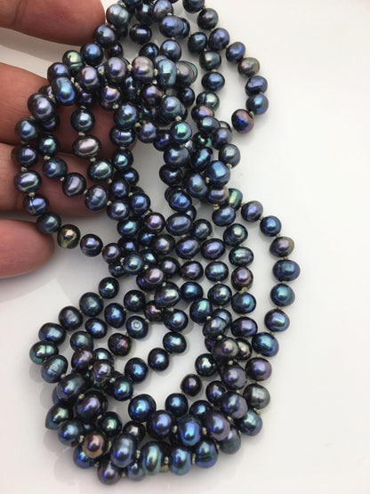 56'' AA+ 6-6.5mm near round black blue pearl Necklace,Pearl necklace,NPN1-096
