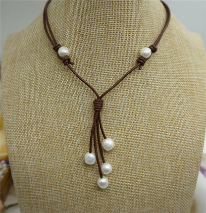 Freshwater Pearl and Leather Lariat Necklace, Light Brwon Leather Pearl necklace, Leather baroque pearl necklace,Le1-037