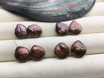 2 pairs AA+ 12-13mm Brown Coin Freshwater Pearl Brown loose Beads Piar,ZS-103-37-49