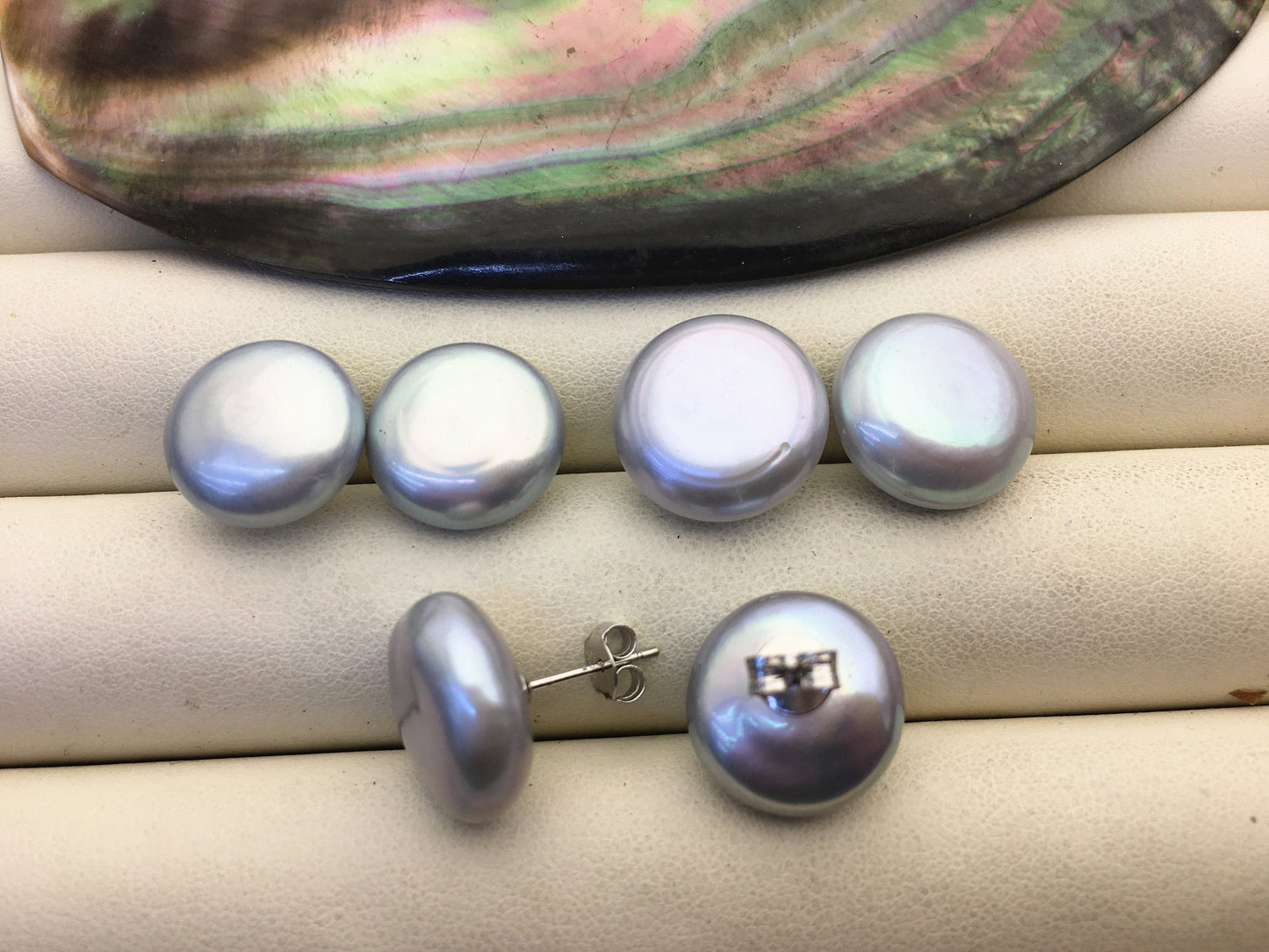 1 pair AAA 14-15mm Gray Coin Fresh Water pearl stud earrings,S925 Sterling Silver,dangle pearl earrings,SE3-T15