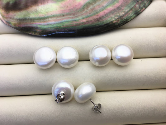 1 pair AA 13-14mm big white baroque round Pearl Stud Earrings,freshwater pearl earrings,Wedding,classic pearl studs,SE1-069-22