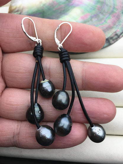 HandMade Real Tahitian Sea Pearl and Leather dangle Earrings- Real leather - Select Leather Color - Le51-005