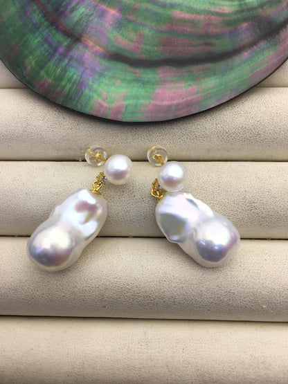 1 pair AAA 13-16mm flame ball pearl diamond stud earrings,sterling silver,earring with white baroque Natural Pearl,SE3-031-37