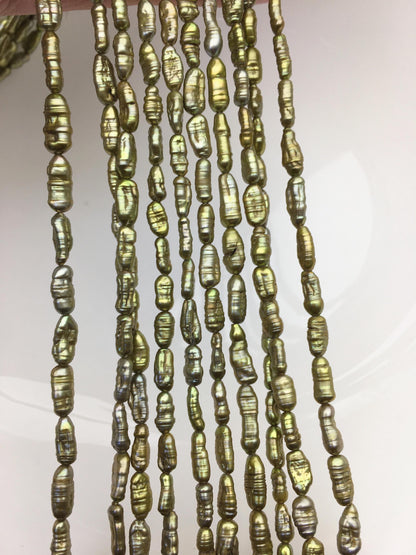 AA 4-5mm green brown toothpick Biwa Pearl Necklace,Genuine Fresh Water Pearl,Wedding Necklace,Mothers Day,ZS-80-10-20