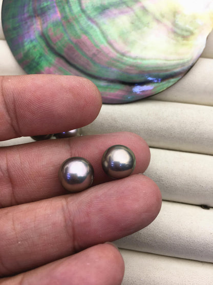 1 pair AAA 10.5-11mm gray rainbow round edison pearl stud earrings,S925 Sterling Sliver stud earrings,wedding pearl earrings,SE3-T9-10