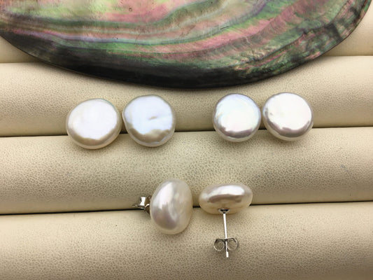2 pairs AA+ 11-13mm White Coin Fresh Water pearl stud earrings,S925 Sterling Silver,dangle pearl earrings,SE3-187