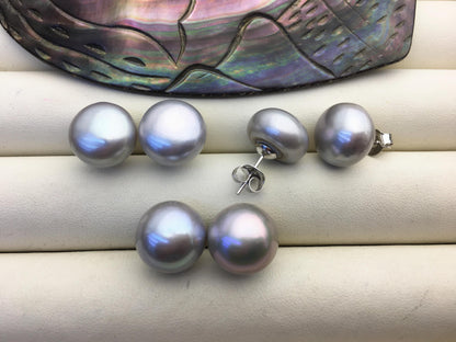1 pair AA+ 13.5-14mm Huge Gray Pearl stud Earrings, Sterling Silver,Wedding,silver jewelry,SE1-069-12