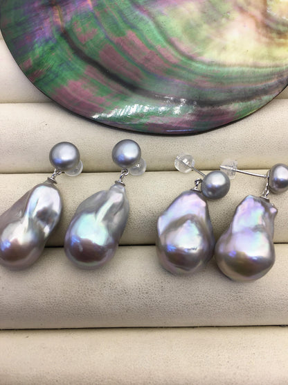 1 pair AAA 13-16mm gray flame ball pearl diamond stud earrings,sterling silver,earring with white baroque Natural Pearl,SE3-031-7
