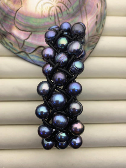 3 rows Black pearl bracelet,Leather Pearls Bracelet, Handmade Cuff,Black Pearls on Black Leather,Tan leather bracelet,Le8-029